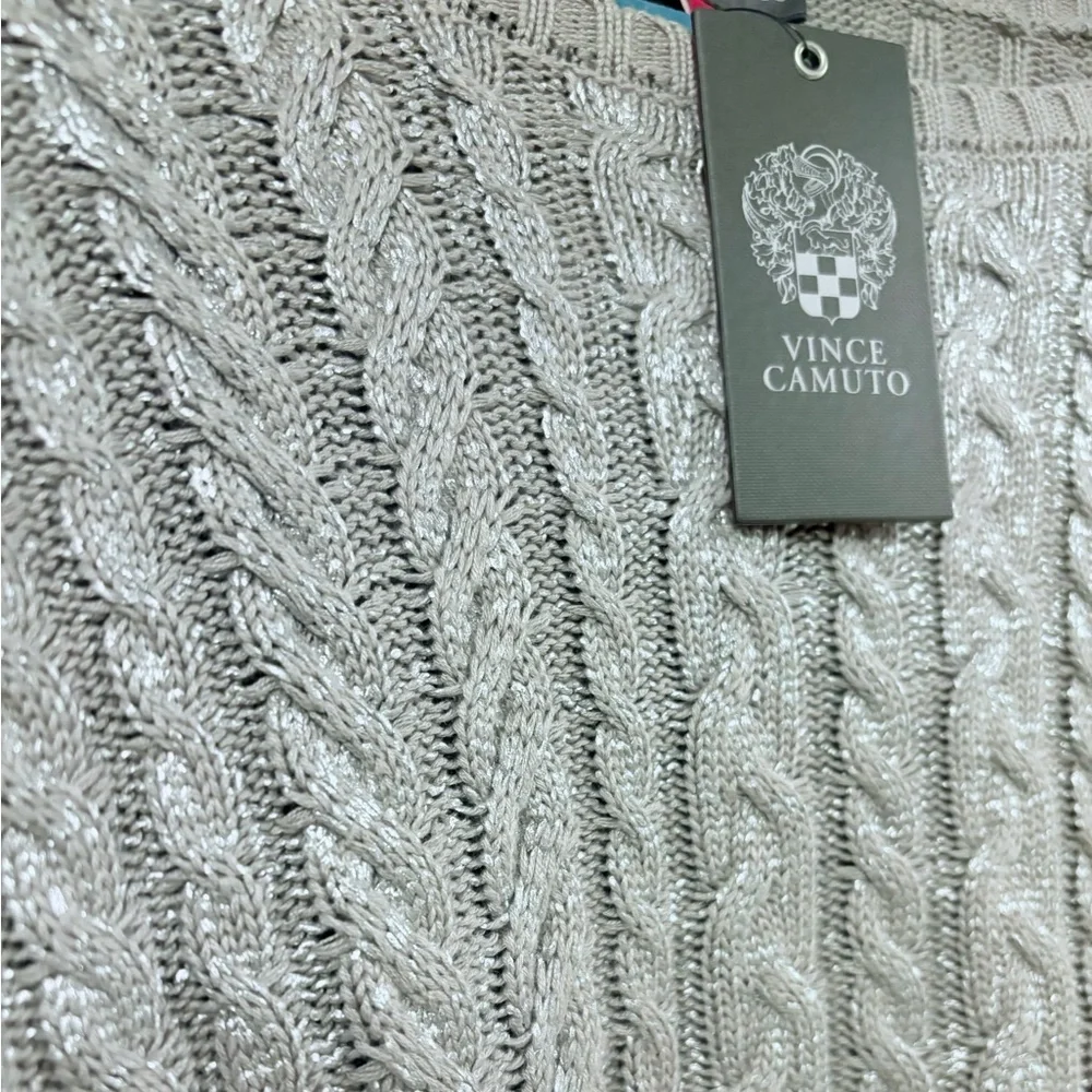 nwt Vince Camuto Metallic Knit Crew Neck Sweater Cable Knit Front Silver Grey